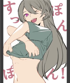 1girl ;o border breasts commentary_request gonnbe_fofo green_shirt grey_border grey_hair highres honkai_(series) honkai_impact_3rd long_hair looking_at_viewer medium_breasts navel one_eye_closed shirt simple_background solo stomach translation_request underboob undressing very_long_hair vita_(honkai_impact) white_background