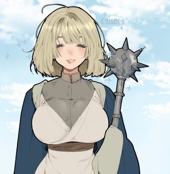 1girl ^_^ absurdres artist_name blonde_hair blue_robe blush breasts brown_dress closed_eyes cloud cloudy_sky commentary dress dungeon_meshi english_commentary facing_viewer falin_touden falin_touden_(tallman) grin highres holding holding_mace holding_weapon large_breasts long_sleeves mace open_clothes open_robe robe short_hair sky sleeves_past_fingers sleeves_past_wrists smile solo spiked_mace spikes straight-on upper_body weapon yiiande
