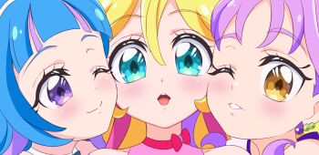 3girls aokaze_nana bad_source blonde_hair blue_eyes blue_hair cheek-to-cheek close-up closed_mouth commentary_request cure_idol cure_kyunkyun cure_wink earrings girl_sandwich heads_together highres jewelry kimi_to_idol_precure long_hair looking_at_viewer magical_girl mini_koala multicolored_hair multiple_girls one_eye_closed open_mouth precure purple_eyes purple_hair sakura_uta_(precure) sandwiched shigure_kokoro smile streaked_hair two-tone_hair yellow_eyes