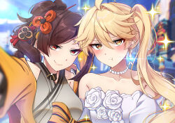 Rule 34 | 1boy, 1girl, :t, aether (genshin impact), bead necklace, beads, blonde hair, breasts, brown hair, chiori (genshin impact), closed mouth, dress, earrings, genshin impact, hair ornament, highres, japanese clothes, jewelry, kimono, long hair, looking at viewer, medium breasts, midori (user nsaz3272), multicolored hair, necklace, ponytail, red eyes, selfie, smile, trap, white dress, yellow eyes