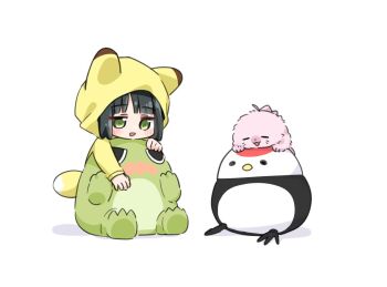 1girl :d ahoge animal_ears animal_with_hair animalization anyoji_hime black_hair blush commentary fox_ears gonzales_(love_live!) green_eyes holiday_holiday_(love_live!) holiday_holiday_(tenko)_(love_live!) link!_like!_love_live! love_live! momose_ginko multi-tied_hair open_mouth seal_(animal) shiro_(white_2530) simple_background smile stuffed_animal stuffed_bird stuffed_dinosaur stuffed_toy tsuru_(love_live!) virtual_youtuber white_background