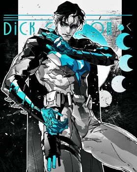 1boy aged_up bat_signal batman batman_(series) batman_symbol black_bodysuit black_hair blue_bodysuit blue_eyes bodysuit cape cowl dc_comics dick_grayson escrima_sticks gloves grey_bodysuit guoba7777 highres male_focus mask multicolored_bodysuit muscular muscular_male short_hair simple_background superhero_costume taut_bodysuit two-tone_bodysuit