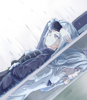 1girl absurdres age_comparison aged_down arm_up ascot black_coat black_hat boater_hat closed_mouth coat dress dutch_angle from_side grey_hair hair_bun hand_on_own_head hat highres lying multiple_views on_back open_mouth opening_door profile rain reverse:1999 saibo_pisa_mao_xiansheng!! short_hair single_side_bun unworn_hat unworn_headwear vertin_(reverse:1999) white_ascot white_background white_dress