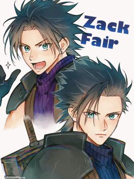 1boy 3wa_tari age_comparison aqua_eyes armor black_gloves black_hair blue_shirt buster_sword character_name closed_mouth crisis_core:_final_fantasy_vii earrings final_fantasy final_fantasy_vii gloves hair_slicked_back highres jewelry light_frown looking_at_viewer male_focus open_mouth parted_bangs pauldrons purple_shirt shirt short_hair shoulder_armor single_earring sleeveless sleeveless_turtleneck smile sparkle suspenders sword sword_on_back thumbs_up turtleneck twitter_username upper_body weapon weapon_on_back white_background zack_fair