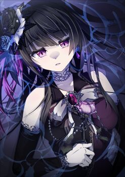 1girl absurdres bang_dream! black_dress black_gloves black_hair bow bowtie breasts commentary dress elbow_gloves flower gem gloves highres large_breasts long_hair long_sleeves looking_at_viewer official_alternate_costume purple_eyes ryo_yanakasa shirokane_rinko solo standing upper_body