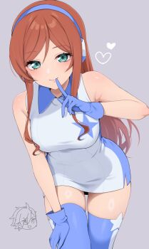 1girl aqua_eyes bare_shoulders blue_gloves blue_thighhighs blush breasts brown_hair campbell_xx closed_mouth collared_dress commentary_request dress gloves grey_background gundam gundam_build_fighters gundam_build_fighters_try hand_on_own_thigh headphones heart highres index_finger_raised kamiki_mirai kamiki_sekai large_breasts leaning_forward light_blush long_hair looking_at_viewer short_dress simple_background sleeveless sleeveless_dress smile star_(symbol) star_print thighhighs white_dress