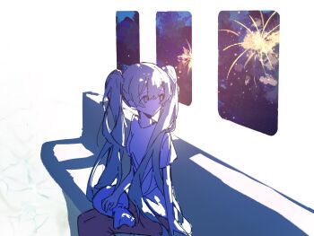 1girl aqua_eyes aqua_hair bare_arms chair chinese_commentary circon commentary_request cowboy_shot embers fireworks hair_between_eyes hair_over_shoulder hatsune_miku highres indoors long_hair looking_outside night night_sky on_chair pants parted_lips red_pants shirt short_sleeves sitting sky solo star_(sky) starry_sky t-shirt tareme train_interior twintails very_long_hair vocaloid wavy_hair white_background white_shirt