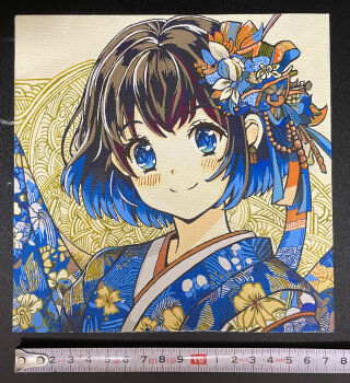 1girl absurdres acrylic_paint_(medium) black_hair blue_eyes blue_hair blue_kimono blush bob_cut choppy_bangs closed_mouth colorful commentary_request dated_commentary floral_print floral_print_kimono hair_ornament highres japanese_clothes kanzashi kimono nail_polish original painting_(medium) photo_(medium) portrait print_kimono smile solo split_mouth traditional_media yousonn