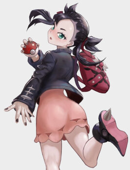 1girl asymmetrical_bangs backpack bag black_boots black_hair black_jacket black_nails blush boots commentary_request dress earrings eyelashes fingernails green_eyes hair_ribbon high_heel_boots high_heels highres holding holding_poke_ball jacket jewelry leather leather_jacket long_sleeves looking_back marnie_(pokemon) nail_polish nintendo open_mouth pink_dress poke_ball poke_ball_(basic) pokemon pokemon_swsh red_bag red_ribbon ribbon simple_background solo standing standing_on_one_leg twintails undercut user_cdxk3254 white_background
