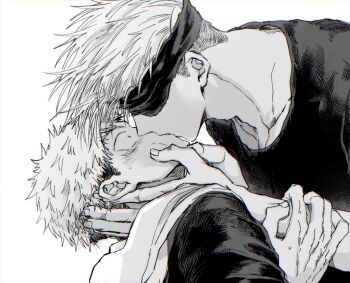 Rule 34 | 2boys, blindfold, blush, commentary request, french kiss, from side, gojou satoru, greyscale, hand on another's arm, hands on another's head, hood, hood down, hooded jacket, itadori yuuji, jacket, jujutsu kaisen, kiss, looking at another, male focus, monochrome, multiple boys, nay bb, short hair, simple background, undercut, white background, yaoi