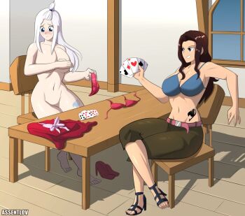2girls arm_tattoo assentlov bikini blue_bra blue_eyes blush bra breasts brown_hair cana_alberona card chair cleavage clothing_aside club_(shape) covering_breasts covering_privates crossed_legs defeat dress fairy_tail female_focus grin high_heels holding holding_card huge_breasts indoors large_breasts long_hair mirajane_strauss multiple_girls navel nude panties pants poker red_dress sandals shoes sitting smile spade_(shape) strip_game strip_poker swimsuit table tattoo underwear white_hair window