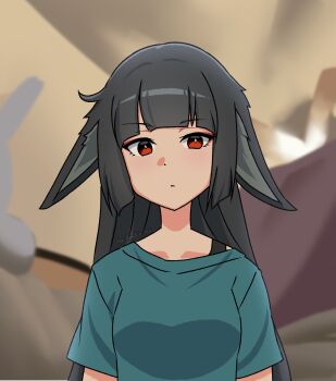 1girl animal_ears artist_name black_hair blue_shirt commentary ears_down expressionless fox_ears fox_girl highres hoshimi_miyabi indoors long_hair looking_at_viewer meme red_eyes rigby_the_cat_(meme) shirt solo symbol-only_commentary the_freakin_yui tongue tongue_out zenless_zone_zero