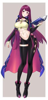 1girl abs bandeau black_pantyhose blush book boots breasts cleavage clothing_cutout female_focus fire_emblem fire_emblem_engage full_body highres holding holding_book ivy_(fire_emblem) large_breasts long_hair looking_at_viewer matching_hair/eyes midriff mole mole_under_mouth nail_polish navel nintendo open_mouth pantyhose purple_eyes purple_hair purple_nails redkite333 sage_outfit_(fire_emblem_engage) shrug_(clothing) simple_background solo toned toned_female very_long_hair