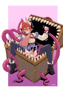 1girl artist_name black_shoes black_thighhighs blue_skirt blush breasts brown_shirt clenched_hand clenched_teeth commentary d-rex english_commentary futanari hair_between_eyes highres horns large_breasts mimic mimic_chest orange_hair original panties penis pink_background pleated_skirt sharp_teeth shirt shoes skirt spread_legs teeth tentacle_sex tentacles thighhighs trembling underwear white_background white_panties