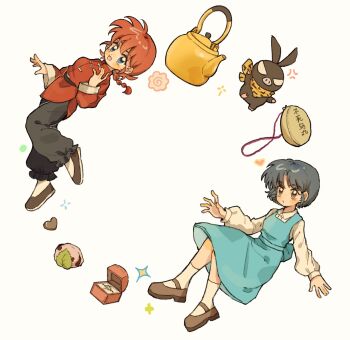 Rule 34 | 2girls, bandana, blush, breasts, chinese clothes, danhuangcucu, fuurinkan high school uniform, happy, heart, highres, multiple girls, open mouth, p-chan, pig, ranma-chan, ranma 1/2, school uniform, shirt, short hair, simple background, tangzhuang, tendou akane, white background, white shirt, yellow bandana