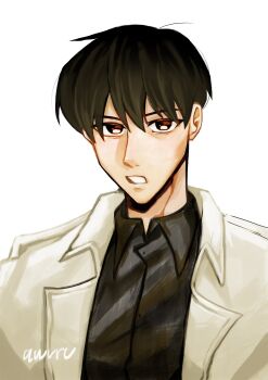 1boy absurdres aegyo_sal areuwuu black_eyes black_hair black_shirt coat collared_shirt highres kim_dokja looking_at_viewer male_focus omniscient_reader&#039;s_viewpoint open_clothes open_coat open_mouth popped_collar portrait shirt short_hair solo white_coat