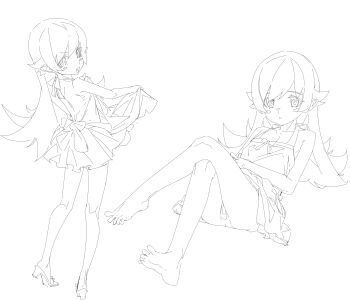 1girl :d absurdres apron apron_lift back_bow bandaid bandaid_on_pussy bare_arms bare_back bare_legs barefoot blush_stickers bottomless bow clothes_lift collarbone crossed_legs expressionless fang feet flipped_hair from_behind from_below hair_between_eyes hair_flaps halterneck hands_on_own_stomach hands_up heel_up high_heel_sandals highres kneepits lineart long_hair monogatari_(series) multiple_views open_mouth oshino_shinobu own_hands_together plantar_flexion pointy_ears ribs ringed_eyes sandals shishirui_san simple_background sitting skirt slit_pupils smile smug soles square_neckline toes v-shaped_eyebrows very_long_hair waist_bow white_background