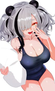 1girl absurdres animal_ears arknights black_hair black_one-piece_swimsuit breasts cleavage commentary_request feater_(arknights) fingernails flat_color grey_hair hair_over_one_eye highres holding holding_pillow large_breasts looking_at_viewer medium_hair multicolored_hair one-piece_swimsuit one_eye_covered open_mouth orange_eyes pillow sgt_syunkai2_(myyards) simple_background solo streaked_hair swimsuit white_background yawning