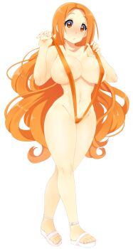 bleach blush breasts brown_eyes curvy huge_breasts inoue_orihime long_hair orange_hair orange_slingshot_swimsuit slingshot_swimsuit swimsuit thick_thighs thighs very_long_hair wide_hips