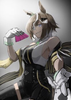 1girl ace_(playing_card) ace_of_spades ahoge animal_ears black_boots black_shirt black_shorts blaze_octopus blue_eyes boots breasts brown_hair card commentary_request gloves grey_hair hair_ornament hair_over_one_eye highres holding holding_card horse_ears horse_girl horse_tail large_breasts looking_at_viewer multicolored_hair open_mouth playing_card rulership_(racing)_(umamusume) rulership_(umamusume) shirt short_hair shorts sleeveless sleeveless_shirt smile solo spade_(shape) streaked_hair tail teeth thigh_boots umamusume white_gloves