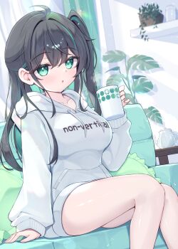 1girl ahoge aqua_eyes aqua_hair black_hair breasts colored_inner_hair commentary_request cup dutch_angle highres holding holding_cup hood hoodie indoors long_hair looking_at_viewer medium_breasts mikaze_oto mug multicolored_hair original side_ponytail sitting solo streaked_hair two-tone_hair
