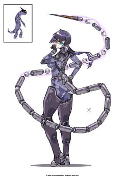 1girl absurdres apoloniodraws armored_boots boots chamalien creature_and_personification english_text from_behind full_body genderswap genderswap_(mtf) glass gloves hand_on_own_face highres jumpsuit lizard_tail mechanical_spine mechanical_tail omnitrix personification ponytail purple_eyes purple_gloves tail