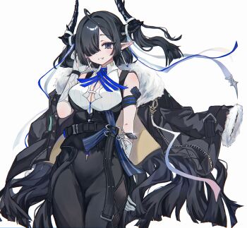 1girl :d absurdres arknights arm_behind_back bare_shoulders black_eyes black_hair black_horns black_jacket black_skirt breasts commentary_request commission elbow_gloves fur-trimmed_jacket fur-trimmed_sleeves fur_trim glint gloves grey_gloves grin hair_over_one_eye hand_in_own_hair hand_up high-waist_skirt highres horns jacket jacket_on_shoulders long_hair looking_at_viewer mole mole_under_mouth morita_(pixiv31883607) one_eye_covered open_mouth pixiv_commission pointy_ears qalaisa_(arknights) revision simple_background skirt smile solo white_background