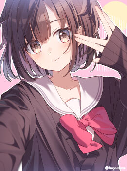 1girl artist_name black_cardigan blush bow bowtie brown_eyes brown_hair cardigan closed_mouth collarbone highres huyunora light_smile long_sleeves looking_at_viewer loose_bowtie original paid_reward_available parted_bangs reaching reaching_towards_viewer red_bow red_bowtie sailor_collar salute selfie short_hair sleeves_past_wrists solo twitter_username upper_body vulcan_salute