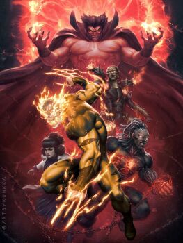 1girl 4boys bald black_hair blue_dress bodysuit brown_bodysuit chain claws colored_skin comic_cover commentary daken dark-skinned_male dark_skin demon_boy dreadlocks dress english_commentary fingernails fire flaming_skull glowing glowing_eyes hellverine highres holding holding_chain jacket jamie_doeden kunkka leon_townsend marvel mephisto_(marvel) multicolored_bodysuit multiple_boys official_art open_mouth red_skin sharp_fingernails shoulder_cannon skull smile spivey superhero_costume twitter_username white_hair white_jacket wolverine_(x-men) x-men yellow_bodysuit