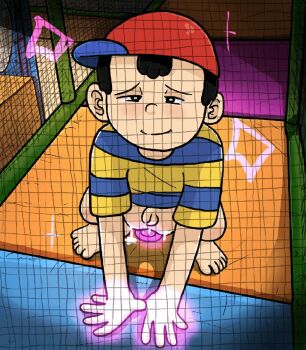 1boy anal anal_fluid anal_object_insertion animated animated_gif ass barefoot black_eyes black_hair blush bottomless closed_mouth deep_insertion dildo dildo_riding elementary_school_age eyebrows facing_viewer feet flaccid from_above groin half-closed_eyes indoors knees legs looking_at_viewer male_focus male_penetrated mother_(series) mother_2 mr.shotaroetsuko ness_(mother_2) nintendo object_insertion penis perineum sex_toy shirt short_hair shota small_penis smile solo solo_focus spread_legs squatting t-shirt testicles toes uncensored yaoi