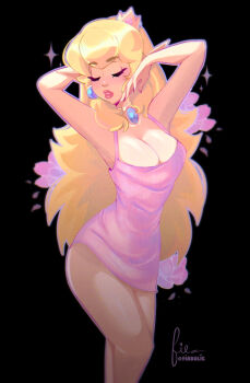 1girl adversarial_noise arms_up artist_name black_background blonde_hair blush breasts cleavage closed_eyes commentary contrapposto cresscin crown dress earrings english_commentary flower highres jewelry large_breasts long_hair mario_(series) narrow_waist nintendo parted_lips pendant_choker petals pink_dress pointed_crown pointy_ears princess_peach red_lips short_dress simple_background solo sparkle sphere_earrings thick_lips thick_thighs thighs twitter_username very_long_hair
