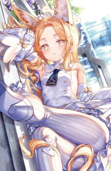 1girl animal_ears armpits blonde_hair blue_archive breasts commentary detached_sleeves dress extra_ears forehead fox_ears fox_girl fox_tail fujima_takuya long_hair long_sleeves looking_at_viewer lying on_side pantyhose parted_lips seia_(blue_archive) shoe_soles shoes sideless_dress sleeveless sleeveless_dress sleeves_past_wrists small_breasts solo striped_clothes striped_pantyhose tail vertical-striped_clothes vertical-striped_pantyhose white_dress white_pantyhose white_shoes