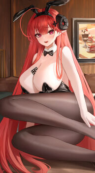 1girl :d absurdres animal_ears azur_lane bare_arms bare_shoulders between_breasts black_bow black_bowtie black_hairband black_leotard blush bow bowtie breasts commentary_request couch cropped curled_horns detached_collar fake_animal_ears feet_out_of_frame hai_binggan hair_ornament hairband highres hindenburg_(azur_lane) hindenburg_(delirious_duel)_(azur_lane) horns huge_breasts indoors large_breasts leotard long_hair looking_at_viewer official_alternate_costume open_mouth pillow playboy_bunny pointy_ears rabbit_ears red_eyes red_hair sitting smile solo thighs very_long_hair