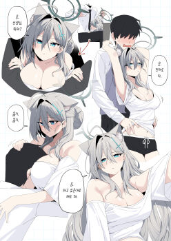 1boy 1girl :o absurdres alternate_costume alternate_hairstyle animal_ear_fluff animal_ears b.t._(boob_tong) bare_shoulders between_breasts black_hair black_halo black_necktie black_pants black_shorts blue_archive blue_eyes blush breasts broken_halo cleavage collared_shirt commentary_request cross cross_hair_ornament dark_halo dress_shirt embarrassed extra_ears face_between_breasts grey_hair hair_between_eyes hair_bun hair_intakes hair_ornament halo hand_on_another&#039;s_back hand_on_another&#039;s_head hands_on_another&#039;s_thighs hands_on_another&#039;s_waist head_between_breasts headless headpat hetero highres inverted_cross korean_commentary korean_text large_breasts long_hair looking_at_another looking_at_viewer midriff_peek mismatched_pupils motion_lines navel necktie no_eyes nose_blush off-shoulder_shirt off_shoulder open_mouth pants parted_lips sensei_(blue_archive) shiroko_terror_(blue_archive) shirt short_hair shorts single_hair_bun speech_bubble sweat translation_request white_shirt wolf_ears wolf_girl