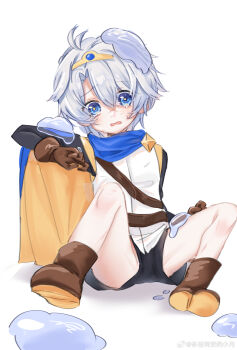 1boy absurdres aged_down ankle_boots antenna_hair arm_up artist_name baiwankun_sile belt black_shorts blue_cape blue_eyes boots bright_pupils brown_belt brown_boots brown_gloves cape crossed_bangs curtained_hair fallen_down flustered full_body gloves gold_tiara groin_tendon hand_on_own_thigh highres honkai:_star_rail honkai_(series) hoyofair knees_up long_sleeves male_focus official_alternate_costume open_mouth phainon_(honkai:_star_rail) raised_eyebrows shirt shoe_soles short_hair short_shorts shorts shoulder_belt simple_background sitting sleeveless sleeveless_shirt slime_(substance) solo spread_legs tears thighs tiara two-sided_cape two-sided_fabric undershirt untucked_shirt variant_set very_short_hair watermark weibo_watermark white_background white_shirt yellow_pupils
