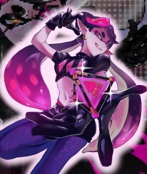 Rule 34 | 1girl, @ @, black hair, breasts, callie (octo idol outfit) (splatoon), callie (splatoon), crop top, dark background, earrings, jewelry, medium breasts, mind control, oo era, pantyhose, pointy ears, purple hair, shorts, splatoon (series), splatoon 2, teeth, tentacle hair, twintails, white hair, yellow eyes