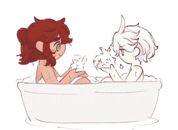 2girls bath blue_eyes closed_mouth grey_eyes gundam gundam_suisei_no_majo hair_up long_hair miorine_rembran multiple_girls nandmmy03 partially_submerged red_hair same-sex_bathing scar scar_on_face shared_bathing short_hair soap_bubbles sparkle suletta_mercury white_hair yuri