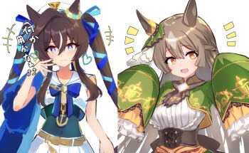 :3 amutaro animal_ears ascot beret blue_eyes blue_ribbon blush bow braid breasts brown_ascot brown_eyes brown_hair doqute_stuffed_doll double-parted_bangs ear_covers ear_ornament ear_ribbon hair_between_eyes hair_ornament half_up_braid half_updo hat horse_ears horse_girl horse_tail large_breasts long_hair long_sleeves looking_at_viewer mole mole_under_eye multicolored_hair open_mouth purple_eyes ribbon satono_diamond_(natural_brilliance)_(umamusume) satono_diamond_(umamusume) single_ear_cover sleeves_past_fingers sleeves_past_wrists smile streaked_hair tail twintails umamusume very_long_hair vivlos_(umamusume) vivlos_(voyage_etincelant)_(umamusume)