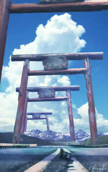 1other ambiguous_gender artist_name blue_sky chinese_commentary cloud cloudy_sky commentary_request dated day highres kinoko_no_sato mountainous_horizon multiple_torii original outdoors oversized_object road scenery signature sky torii very_wide_shot