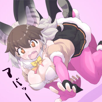 absurdres animal_ears bare_shoulders bat_ears bat_girl bat_wings black_shoes black_skirt blush bow bowtie brown_hair brown_long-eared_bat_(kemono_friends) brown_shirt commentary_request detached_sleeves elbow_gloves extra_ears fingerless_gloves fur_trim gloves grey_hair hair_between_eyes highres kemono_friends kemono_friends_v_project long_hair lowlandgorilla open_mouth orange_eyes pajamas pink_gloves pink_pajamas pleated_skirt puffy_short_sleeves puffy_sleeves shirt shoes short_sleeves sidelocks skirt sweatdrop two-tone_shirt white_fur white_shirt wings wrist_cuffs yellow_bow yellow_bowtie