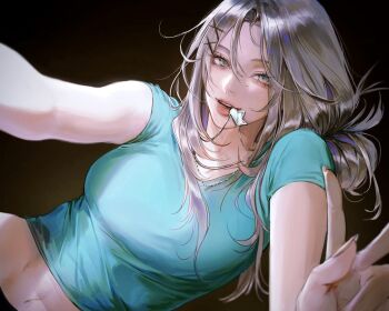 Rule 34 | 1girl, aqua shirt, blurry, blurry foreground, breasts, commentary, dang0 23, dark background, eyelashes, fingernails, grey eyes, grey hair, hair between eyes, hair ornament, highres, jewelry, lips, long hair, looking at viewer, medium breasts, midriff, mole, mole under eye, navel, necklace, necklace in mouth, nose, original, parted lips, selfie, shirt, short sleeves, smile, solo, symbol-only commentary, teeth, upper body, v, very long hair, x hair ornament