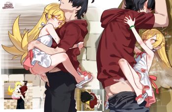 1boy 1girl absurdres against_wall araragi_koyomi armpits artist_name ass bandaged_knees bandages black_hair black_pants blonde_hair clothed_sex dress ebora flat_chest heart hetero highres hood hoodie loli long_hair loving_aura monogatari_(series) multiple_views open_mouth oshino_shinobu pants pointy_ears red_hoodie red_ribbon reference_inset ribbon sex short_dress sleeveless sleeveless_dress standing steaming_body sundress vampire white_dress yellow_eyes