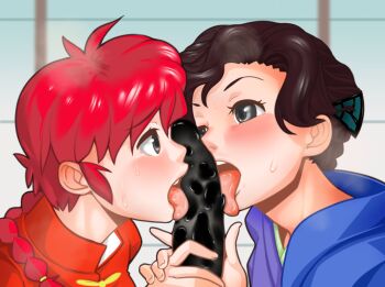 2girls braid brown_hair censored chinese_clothes emil_(fafa) fellatio genderswap genderswap_(mtf) grey_eyes licking mother_and_daughter multiple_girls oral penis ranma-chan ranma_1/2 red_hair saotome_nodoka saotome_ranma sharing single_braid tangzhuang tongue