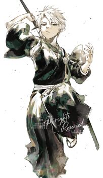 1boy black_hakama bleach commentary commission english_commentary green_eyes hakama highres hitsugaya_toushirou holding holding_sword holding_weapon huiji_(artist2) japanese_clothes katana male_focus sandals second-party_source serious sheath shihakusho socks solo sword unsheathing watermark weapon white_hair white_socks