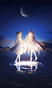 Rule 34 | 2girls, absurdres, alternate costume, automaton (object), backless dress, backless outfit, bare shoulders, black hair, braid, bun with braided base, closed mouth, columbina (genshin impact), commentary request, dress, full body, genshin impact, highres, holding hands, looking at another, moon, multiple girls, night, outdoors, sandrone (genshin impact), sky, smile, standing, standing on liquid, swkl:d, white dress