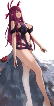 1girl alternate_costume bare_shoulders black_headwear breasts casual_one-piece_swimsuit cleavage clothing_cutout dress dress_swimsuit female_focus fire_emblem fire_emblem_engage fire_emblem_heroes highres ivy_(fire_emblem) ivy_(summer)_(fire_emblem) j@ck large_breasts long_hair looking_at_viewer matching_hair/eyes mole mole_under_mouth navel nintendo no_headwear official_alternate_costume one-piece_swimsuit purple_eyes purple_hair purple_one-piece_swimsuit solo stomach stomach_cutout swimsuit thighs walking
