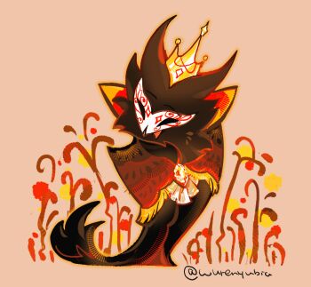 1boy black_cloak black_sclera cloak colored_sclera commentary crown demon_boy furry furry_male gold_crown hellaverse helluva_boss owl_boy paimon_(helluva_boss) red_eyes solo wurenyubia