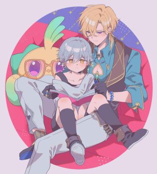 2boys aged_down argyle_clothes argyle_socks aventurine_(honkai:_star_rail) aventurine_(origami_bird)_(honkai:_star_rail) beak black_boots black_collar black_gloves black_shoes black_shorts black_socks blonde_hair blue_eyes blue_gemstone blue_shirt book boots bracelet brown_socks brown_vest caelus_(honkai:_star_rail) chikagetti child closed_mouth clothing_cutout collar collarbone collared_shirt commentary_request couch crossed_bangs earrings full_body gem gloves gold_ring green_gemstone grey_hair hair_between_eyes heart_cutout highres holding holding_book honkai:_star_rail honkai_(series) jewelry lapels long_sleeves looking_at_another looking_at_viewer looking_down male_focus multicolored_eyes multiple_boys multiple_rings on_couch open_book orange-framed_eyewear origami_bird_(honkai:_star_rail) pants pink-tinted_eyewear purple_eyes reading ring shirt shoes short_hair short_sleeves shorts single_earring sitting smile socks sparkle stuffed_animal stuffed_bird stuffed_toy sunglasses t-shirt tinted_eyewear trailblazer_(honkai:_star_rail) vest white_pants white_shirt yellow_eyes