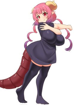 1girl black_dress black_shirt black_thighhighs breasts closed_mouth commentary cross-body_stretch curled_horns dragon_horns dragon_tail dress full_body gradient_hair highres horns huge_breasts ilulu_(maidragon) kobayashi-san_chi_no_maidragon large_breasts long_hair long_shirt looking_at_viewer multicolored_hair no_shoes pero_(pero7762) pink_hair pointy_ears purple_hair red_eyes shirt shortstack simple_background slit_pupils smile solo standing stretching tail tail_under_clothes thighhighs twintails white_background yellow_horns zettai_ryouiki