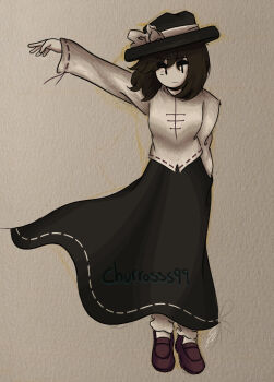 Rule 34 | 1girl, absurdres, artist name, black hat, black skirt, bow, brown hair, churros99, commentary, grey background, hand in pocket, hat, hat bow, highres, long skirt, long sleeves, red shoes, ribbon-trimmed skirt, ribbon-trimmed sleeves, ribbon trim, shirt, shoes, skirt, skirt pocket, socks, solo, standing, touhou, traditional media, untranslatable commentary, usami renko, white bow, white shirt, white socks